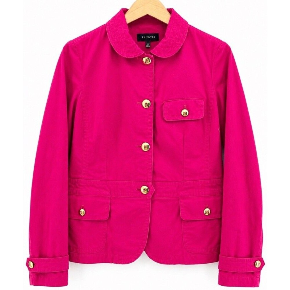 Talbots Women’s 14 Fuchsia Pink Utility Jacket Gold Buttons Preppy Classic